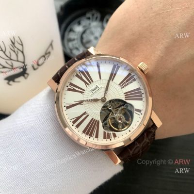 Clone Piaget Tourbillon Rose Gold White Roman Dial Men Watch